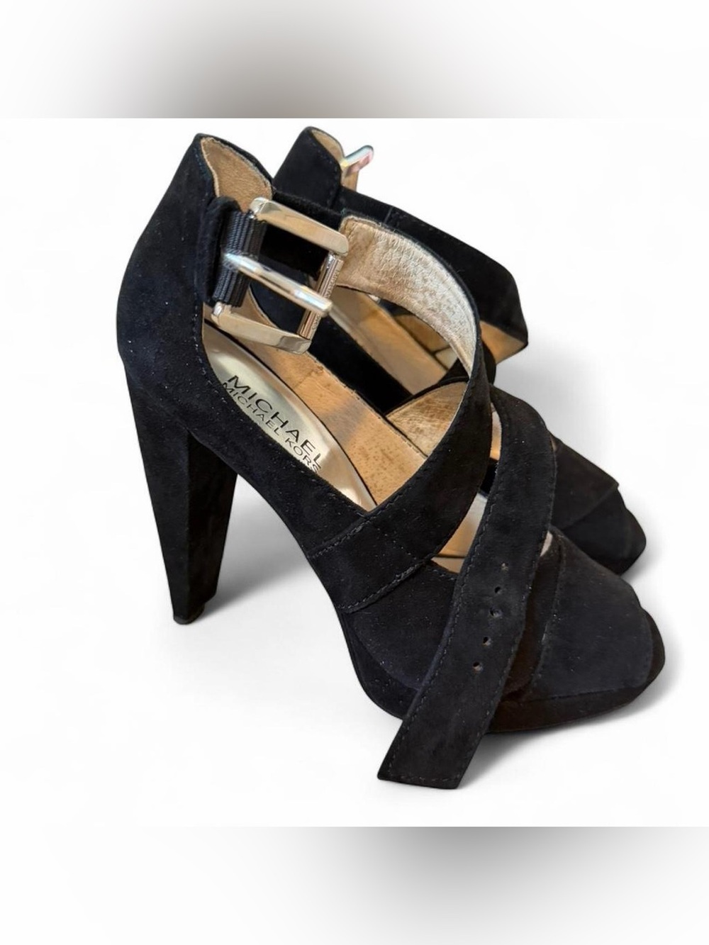 MICHAEL Michael Kors Black Suede Crisscross Buckle High Heels